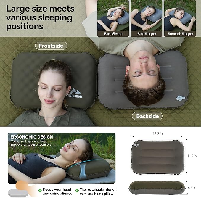MARCHWAY Inflatable Camping Pillow with Soft Foam Top & TPU Air Bladder, Dual-Sided Support for All-Season, Lightweight Compact Travel Pillow for Hiking, Backpacking, Airplane, Car (Green)