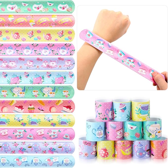 Junkin 48 Pcs Tea Party Favors Floral Slap Bracelet Supplies Tea Party Supplies Decoration Girls Pink Teapot Flower Bracelets for Partea Birthday Baby Shower Decor