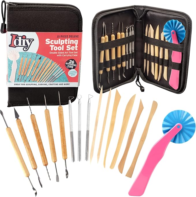 Pottery Tool Starter Kit - 15-Piece 26-Tool Beginner's Clay Ceramics Modeling Carving Sculpting Set -Arts and Crafts School Project, w Carrying Case, Birthday Gift for Kids