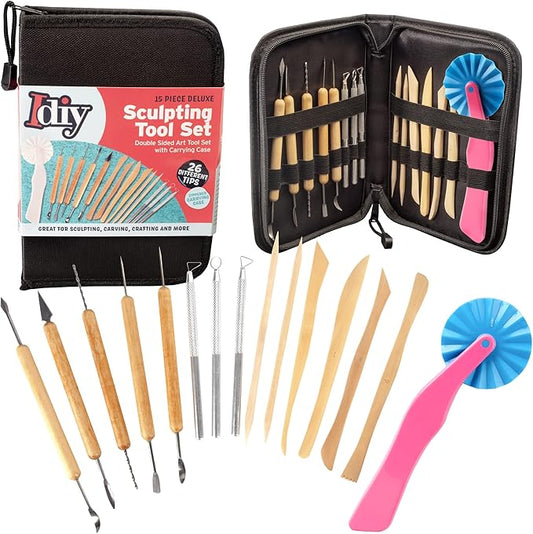 Pottery Tool Starter Kit - 15-Piece 26-Tool Beginner's Clay Ceramics Modeling Carving Sculpting Set -Arts and Crafts School Project, w Carrying Case, Birthday Gift for Kids
