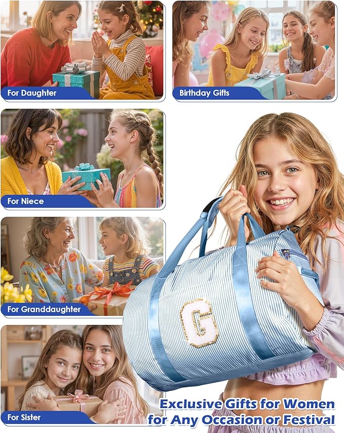 Birthday Gift for Grandkids, Girls Travel Duffle Bag, Kids Initial Overnight Bags with Shoe Compartment, Customized Weekender Bag with Makeup Pouch, Cute Present for Tween (Letter D)