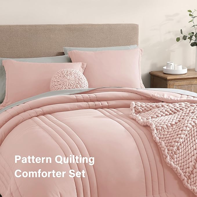 Monbix Full Comforter Set - 7 Pieces Light Pink Bed in a Bag Full Size Bedding Sets with Comforters, All Seasons Comforter with Sheets, Pillowcases & Shams