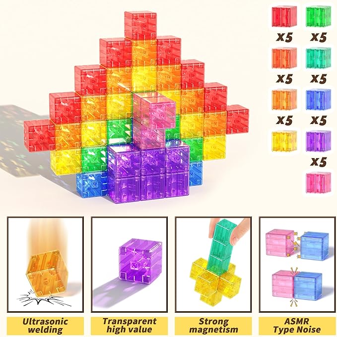 45PCS Magnetic Blocks - Transparent Magnetic Cubes, Toddler Boy Toys, Magnetic Building Blocks, Sensory Autism Toys for Kids Ages 3+, Preschool Magnet Toys for 3-5 Year Old Boys and Girls