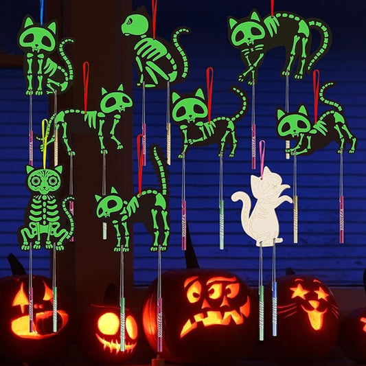 Fennoral 9 Pack Cat Wind Chime Kit for Kids Make You Own Glow in Dark Cat Skeleton DIY Coloring Wooden Arts and Crafts for Halloween Art Activity Halloween Party Decorations