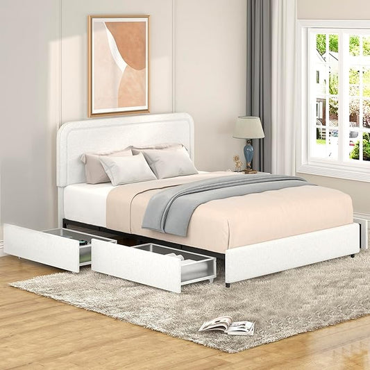 Christopher Knight Home Liv Upholstered Bed with Storage, Queen Size Platform Bed with 4 Drawers, Curved Stitched Tufted Headboard, Wooden Slat Mattress Support, No Box Spring Needed, Ivory Boucle