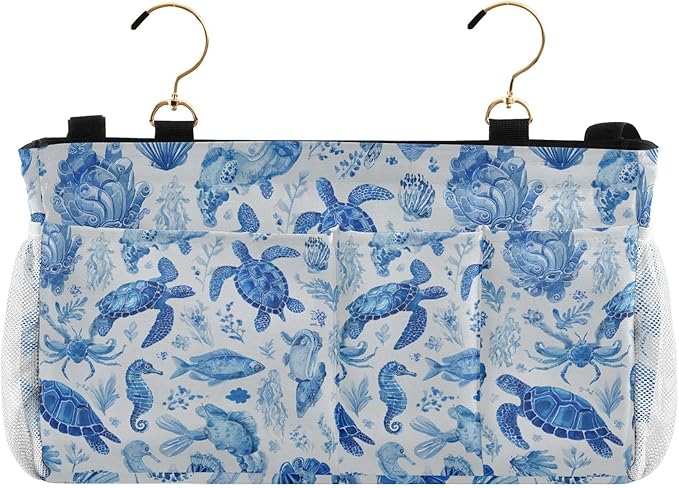 Ink Blue Turtles Fish Crabs Bedside Caddy for Dorm Bed Bedside Hanging Caddy Bag Iron Frame Storage Organizer Pocket for Bunk Home College Hospital Beds 2 Hooks