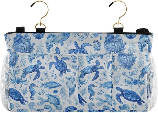 Ink Blue Turtles Fish Crabs Bedside Caddy for Dorm Bed Bedside Hanging Caddy Bag Iron Frame Storage Organizer Pocket for Bunk Home College Hospital Beds 2 Hooks