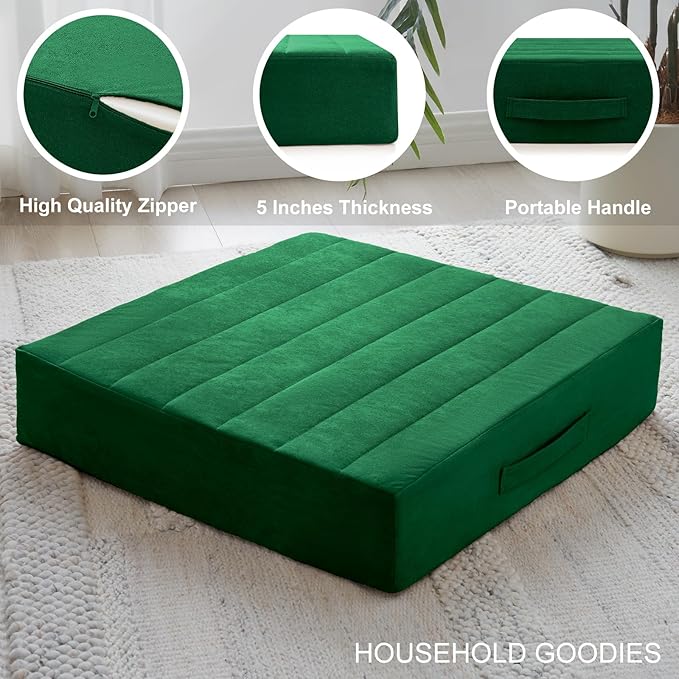 22 inches Floor Pillow for Adults - Large Meditation Cushion with Thick Foam - Premium Outdoor Square Floor Cushion Seat - Yoga Pillow for Sitting On Floor - Green