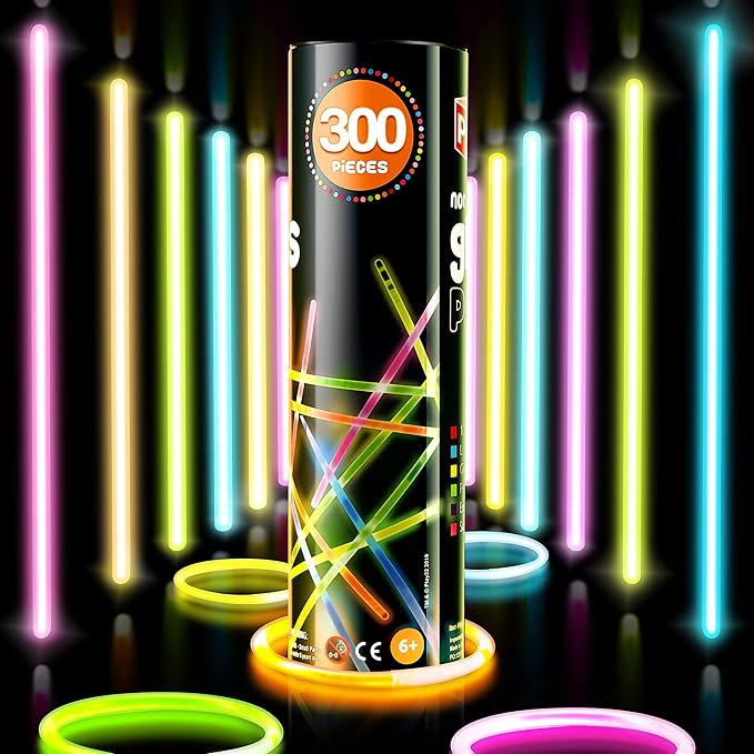 300 Pc 8” Ultra Bright Glow Sticks Bulk Party Pack - Halloween Glow in The Dark Party Favors - Glowsticks Party Supplies Pack Necklaces and Bracelets