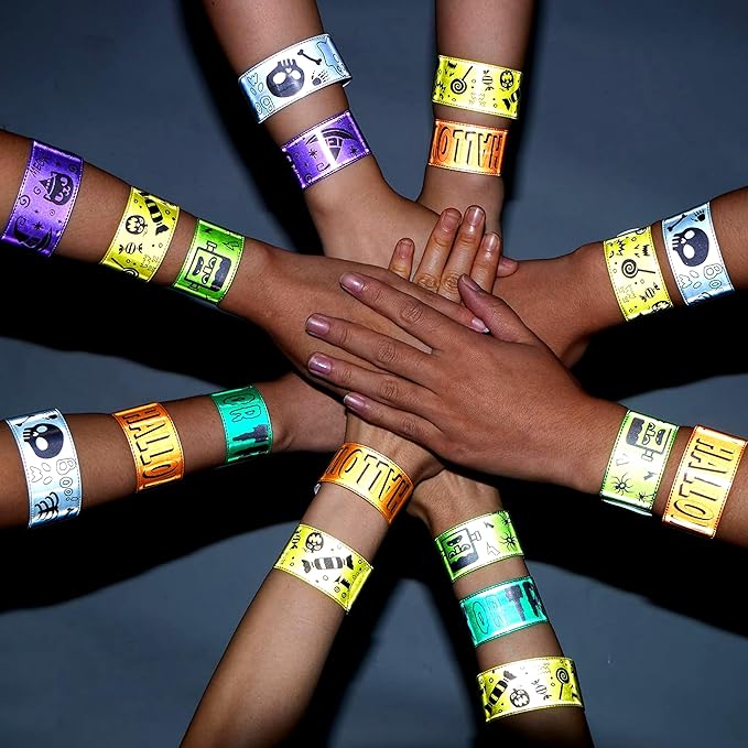 JOYIN 72 Pcs Halloween Slap Bracelets, Reflective Slap Bracelets Bulk for Kids Gifts, Friendship Bracelets for Halloween Goodie Bag Fillers, Halloween Party Favors School Classroom Game Prizes