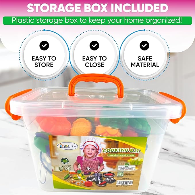 FUNERICA Toddler Kitchen Accessories Playset with Cutting Food Vegetables - Stainless-Steel Play Pots & Utensils - Apron & Chef Hat - Toy Knife & Cutting Board (Apron: Red. Checkerboard Design)