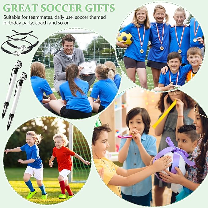 80 Pcs Soccer Team Gifts Set Bracelets Soccer Ball Ballpoint Pens Foam Stress Balls Kick Up Cards Adjustable Bracelets for Sports Reward Birthday Party Supplies