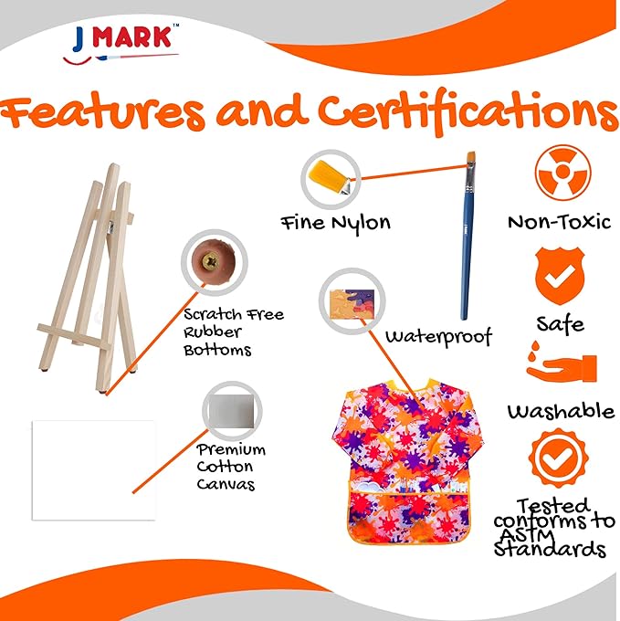 J MARK Ultimate Kids Paint Set – Complete Acrylic Paint Set for Kids, Includes Washable Paints, Storage Bag, Wood Easel, Canvas and More