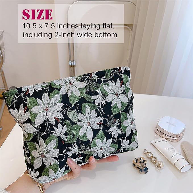 HAPPYHEIDI Large Black Embroidery Floral Makeup Bag Cosmetic Toiletries Travel Pouch, Canvas Lined, Purse Organizer, White Green Flowers