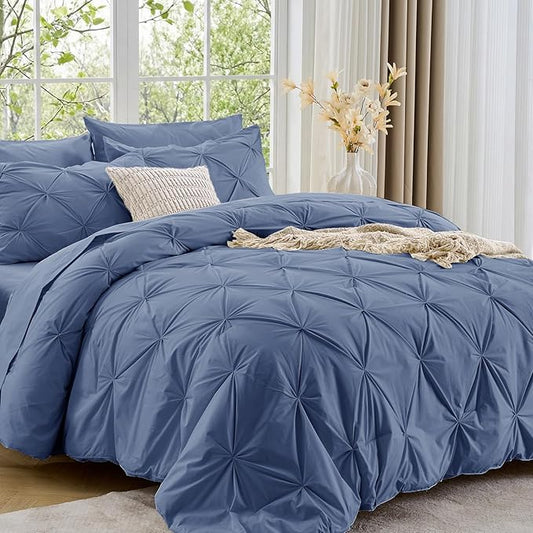 Sasttie King Size Comforter Set, 7-Piece Bed in a Bag, Pintuck Bedding Set for All Season, Includes Comforter, Flat Sheet, Fitted Sheet, Pillowcases and Pillowshams, Slate Blue