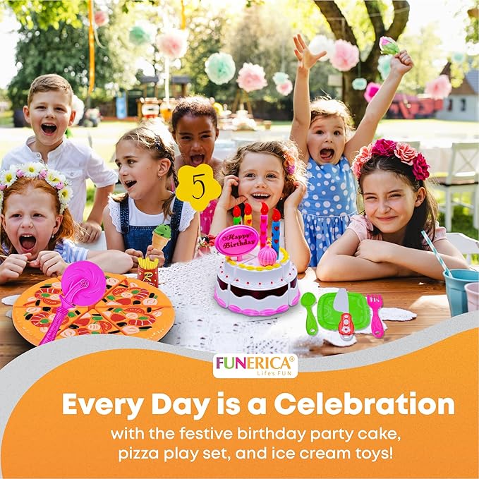FUNERICA Play Food Goodies Set with Storage Box - Features Cutting Pizza, Ice Cream, Toy Birthday Cake, Fries, Dessert – Pretend Kitchen Toys for Toddlers, Boys, Girls