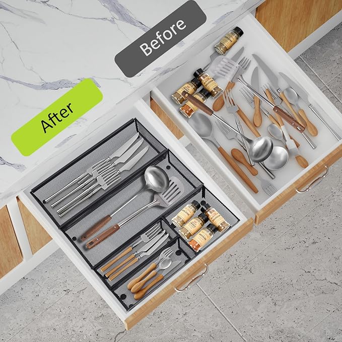 Neudeco Silverware Drawer Organizer,Utensil Organizer for Kitchen Drawer Organizer for Large Utensils with Interlocking Arm, Silverware Storage Cutlery Tray for Knives Fork Spoon (Pack 5, Black)