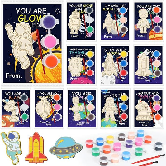 24Pcs Space Party Favors Space Cards with Art Supplies Outer Space DIY Wood Painting Craft Kits Astronaut Thank You for Coming Gifts for Kids Boys Girls Solar System Birthday Gift Bulk (Pre-Assembled)