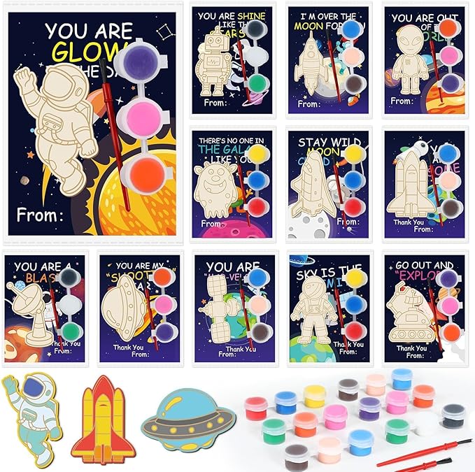 36Pcs Space Party Favors Space Cards with Art Supplies Outer Space DIY Wood Painting Craft Kits Astronaut Thank You for Coming Gifts for Kids Boys Girls Solar System Birthday Gift Bulk (Pre-Assembled)