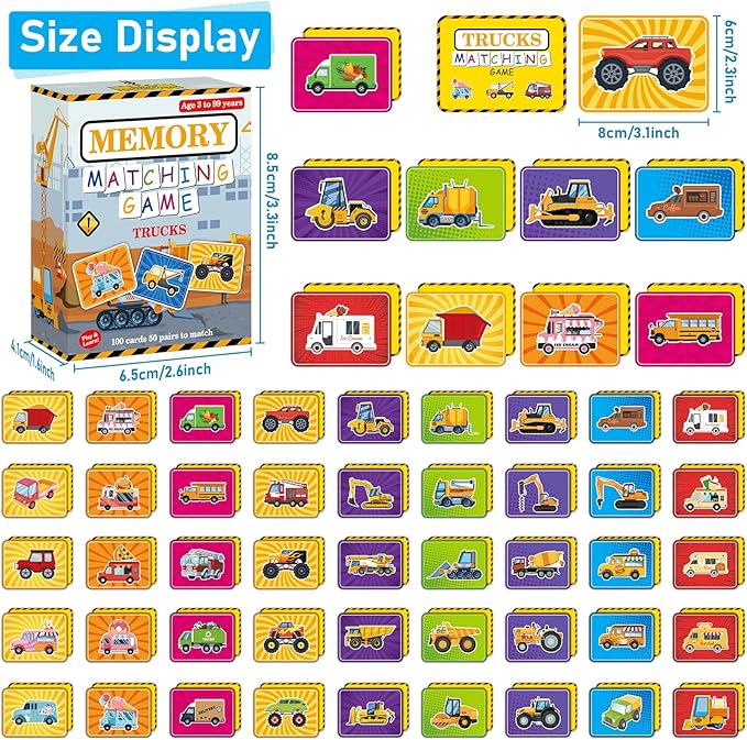 gisgfim 50 Pairs Memory Matching Game for Kids Trucks Concentration Games for Preschool Educational Ages 4-8 A Fun & Fast Vehicle Theme Memory Matching Games