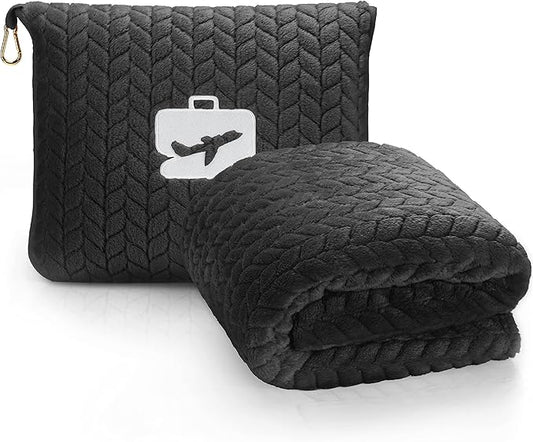 EverSnug Travel Blanket & Pillow 68x42 - Premium Ultra-Soft Microfleece 2 in 1 Compact & Packable Flight Blanket with Soft Bag Pillowcase, Hand Luggage Sleeve and Backpack Clip (Black)