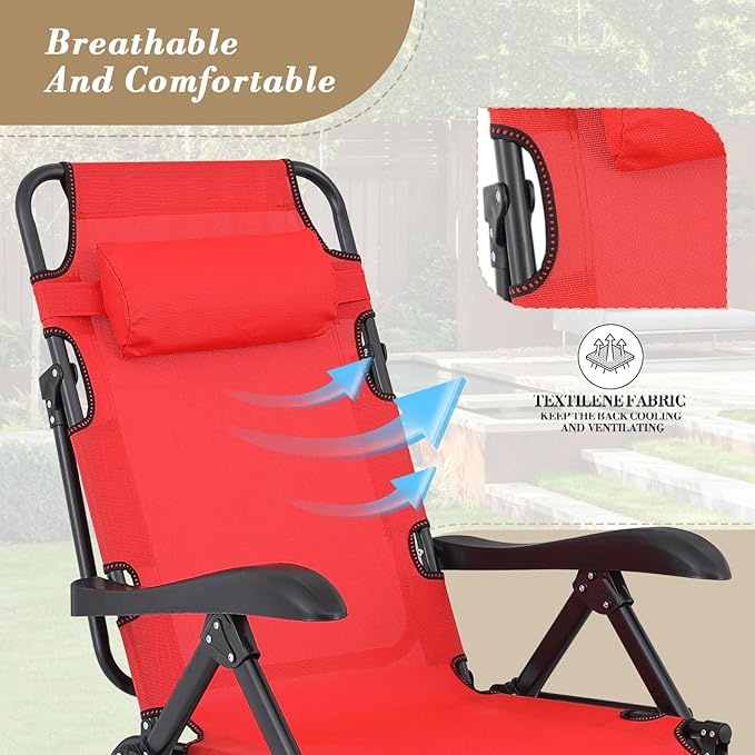 Athena Collection Zero Gravity Outdoor Lounge Chair Recliner, 27" Width Reclining Pool Lounge Lawn Chairs with Headrest Curved Armrest Foot Pad, Outdoor Chaise for Beach Patio Outside, Red