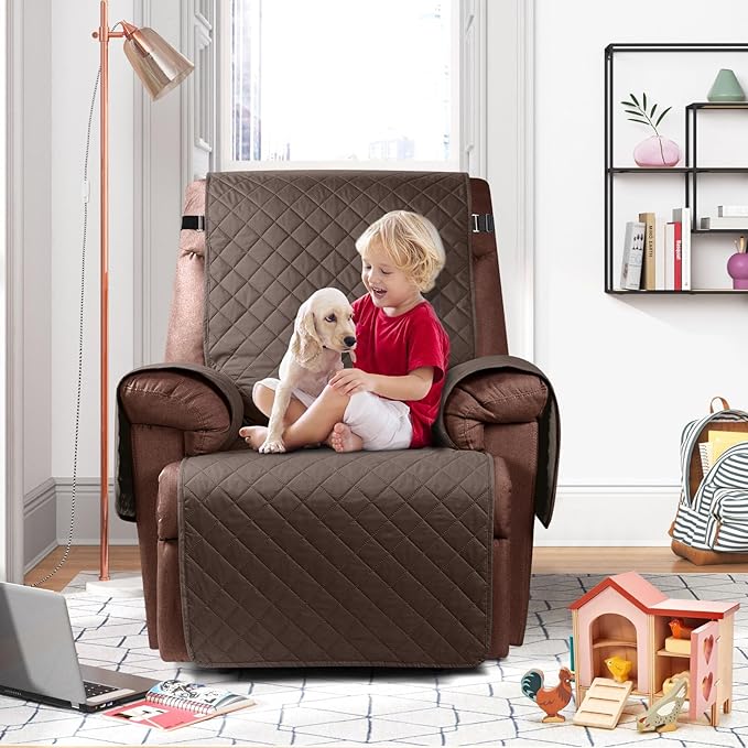 KinCam 100% Waterproof Recliner Chair Cover, Reclining Couch Covers for Pets, Dogs, Recliner Couch Slipcover Furniture Protector with Elastic Straps for Kids(28", Brown)