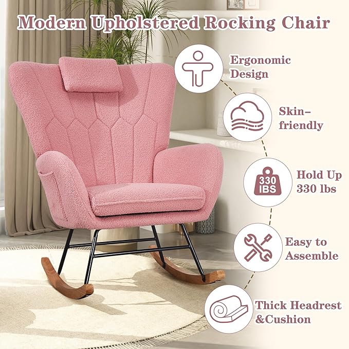 VECELO Rocking Chair Nursery with Thick Headrest, Modern Teddy Upholstered Reading Glider Rocker Accent Armchair with High Backrest, Padded Seat, Side Pocket, for LivingRoom, Bedroom, Baby Room, Pink
