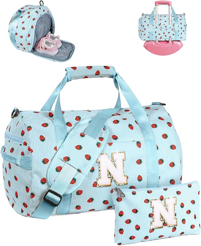Birthday Gift for Teenager, Girls Gym Bag, Kids Personalized Weekend Duffel Bags with Shoe Compartment, Initial Travel Tote with Makeup Bag, Dance Recital Gifts for Toddler (Letter N)