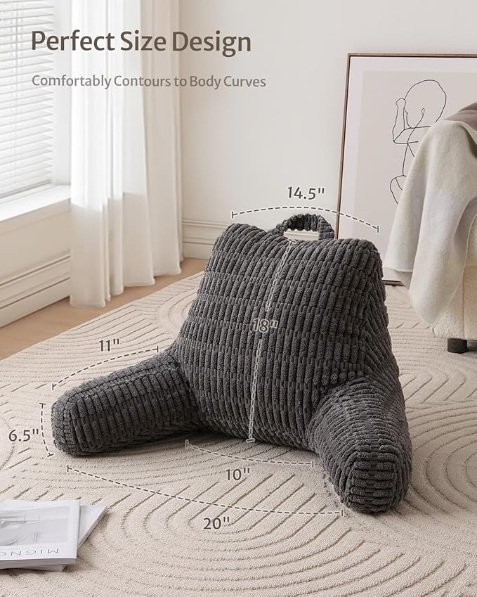 Blissful Diary Reading Pillow, Backrest Pillow with Shredded Memory Foam for Adult & Children, Designed for Bed and Couch Sitting Up, Includes Arms, Pockets and Washable Cover, Dark Gray