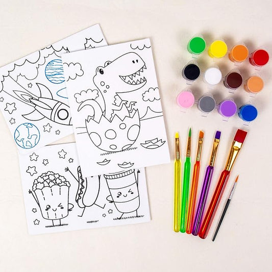 Horizon Group USA Pre-Printed Canvas & Paint Art Set. Ready to Paint 5" x 7" Canvas Panels, 12 Tempera Paints, 6 Easy-Grip Assorted Paintbrushes Included. Dino, Space & Food.