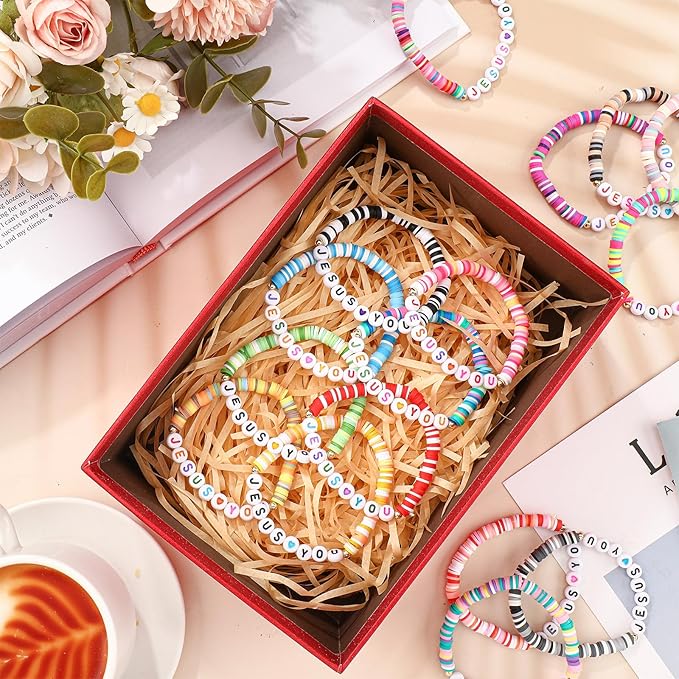 48 Pcs Bracelets Jesus You Bracelets Handmade Elastic Beaded Bracelets Colorful Layered Cross Bracelets Inspirational Religious Reminder Jewelry Gift for Her (Heart)