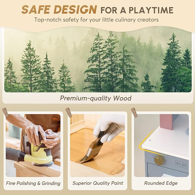 BIERUM Play Kitchen with Realistic Lights & Sounds, Wooden Kitchen Playset Chef Pretend Play Set for Toddlers, Toy Kitchen with 26 Pcs Toy Food & Cookware Accessories, Gift for Ages 3+ (Bule)