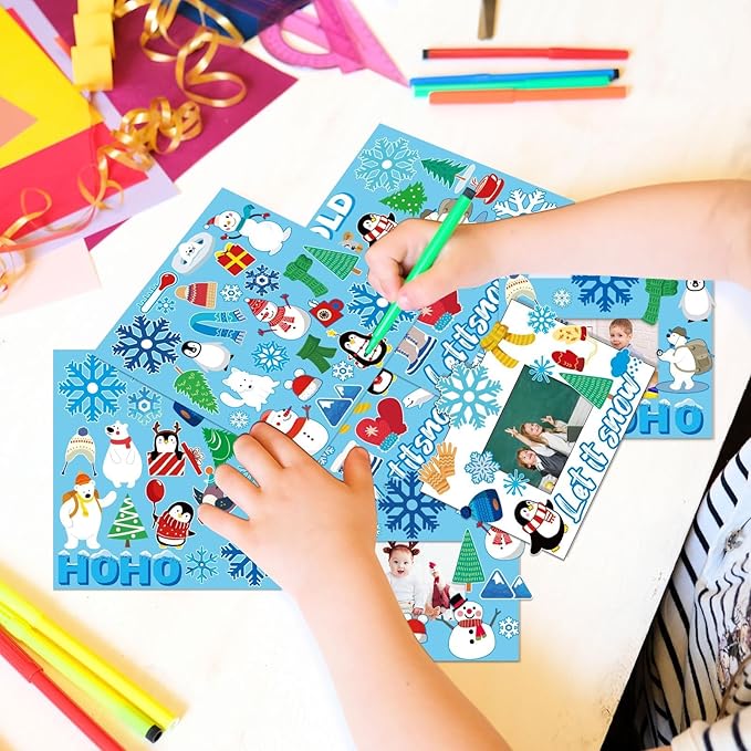 30 Pack Winter Craft for Kids Winter Picture Frame with Easel DIY Holiday SnowFlake Christmas Paper Art Crafts Kit with Stand Cardboard Photo Frames Bulks Game Acticvity for Kindergarten Preschool Kid