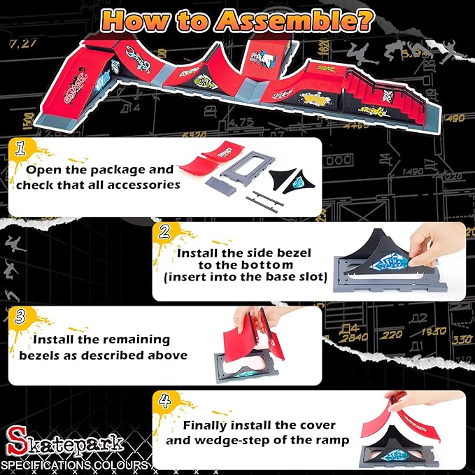 Fingerboard Skatepark Skate Park Kit, 6-in-1 Finger Skateboard Ramp Set Ultimate Parks Training Props with 6 Finger Skateboard 6 Finger Deck & Display Holder Finger Skate Toys for Kids Gifts