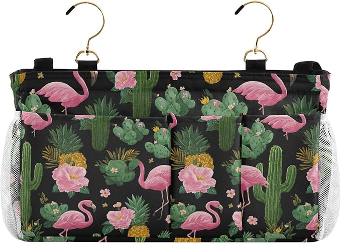 Black Flamingo and Cactus Pineapple Flower Tropical02 Bedside Caddy for Dorm Bed Bedside Hanging Caddy Bag Iron Frame Storage Organizer Pocket for Bunk Home College Hospital Beds 2 Hooks