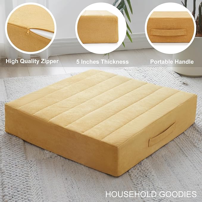 2 Pcs High Density Foam Floor Pillow - Upgraded Large Pillows Seating for Adults - Outdoor Floor Cushion with Soft Tufted Cover - Yoga Pillows for Sitting On Floor - 22 Inch Yellow