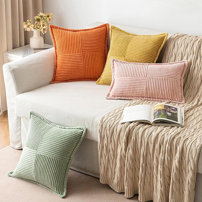 MIULEE Orange Decorative Throw Pillow Covers for Couch Bed Livingroom 16x16 Inch Set of 2 Boho Accent Throw Pllows Broadside Striped Patchwork Soft Corduroy Pillowcases