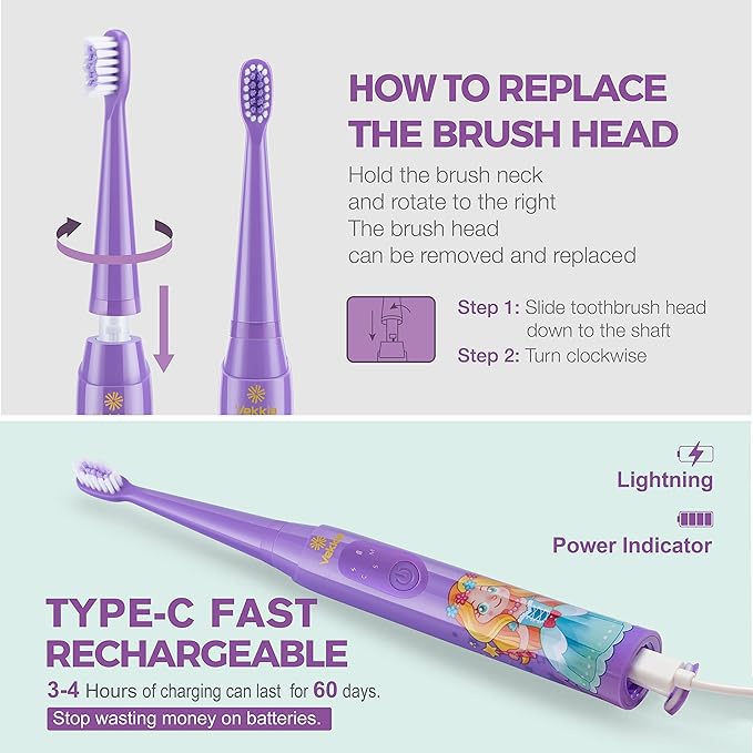 Vekkia Sonic Rechargeable Kids Electric Toothbrush, 3 Modes with Memory, Fun & Easy Cleaning, 24000 Strokes, IPX7 Waterproof, 2-Min Timer for Age 5+, 4 Soft Bristles(Purple)