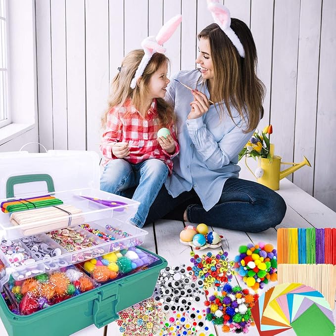 1405 Pcs Art and Craft Supplies for Boys and Girls, Toddler DIY Craft Art Supply Set Included Pipe Cleaners, Pom Poms, Feather, Folding Storage Box - All in One for Craft DIY Art Supplies(Green Box)