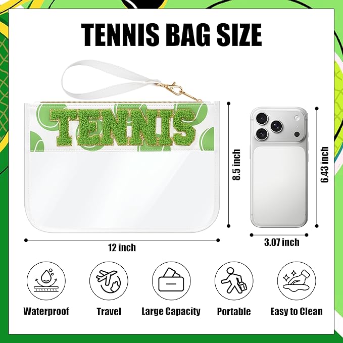 BuyCard Tennis Gifts Makeup Bag with Chenille Letter Patch, Clear Cosmetic Pouch PVC Organizer Purse, Waterproof Travel Bag, Portable Toiletry Storage Bag for Her Friends