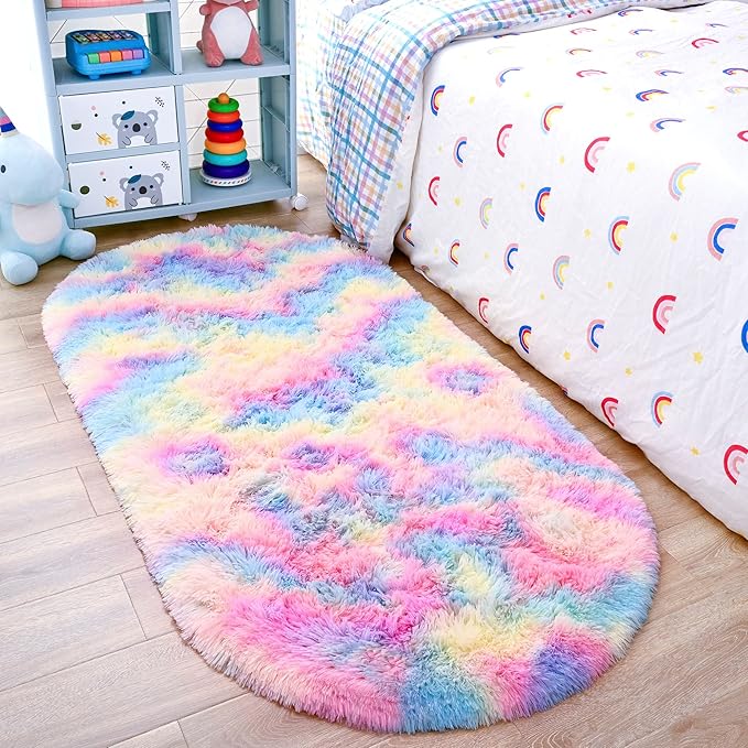 Noahas Oval Fluffy Rainbow Rug 2.6X5.3 Small Kids Rugs for Bedroom Girls And Boys Aesthetic,Bedside Bedroom Rug,Ultra Soft Runner Carpet Modern Shaggy Nursery Area Rugs Home Decor