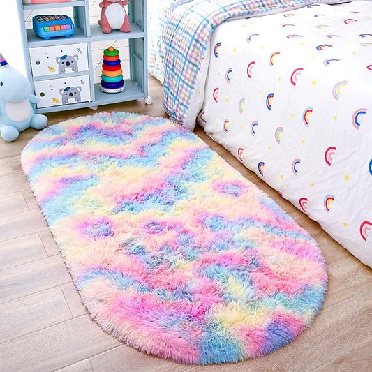 Noahas Oval Fluffy Rainbow Rug 2.6X5.3 Small Kids Rugs for Bedroom Girls And Boys Aesthetic,Bedside Bedroom Rug,Ultra Soft Runner Carpet Modern Shaggy Nursery Area Rugs Home Decor