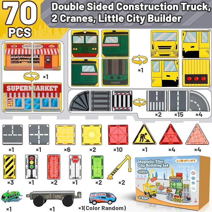 Magnetic Tiles Magnetic Building Blocks, Building Toys for Kids Ages 3-5 4-8 8-12 Toddlers STEM Preschool Toys Boys Toys, City Construction Toys Set with 2 Cranes Train Tracks Road Car
