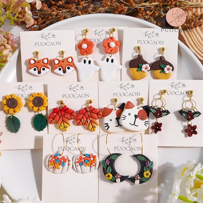 Puocaon Polymer Clay Cutters - 11 Pcs Maple Leaves Clay Cutters for Jewelry Making, Cat Fox Shape Clay Earring Cutters, Polymer Clay Earrings Making, Acorn Pumpkin Autumn Fruit Clay Earrings Studs