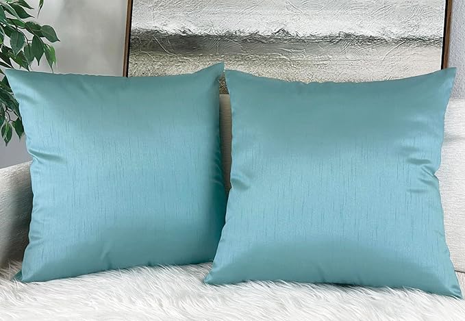 Aiking Home 18x18 Inches Faux Silk Square Throw Pillow Cover, Zipper Closure, Aqua (Set of 2)