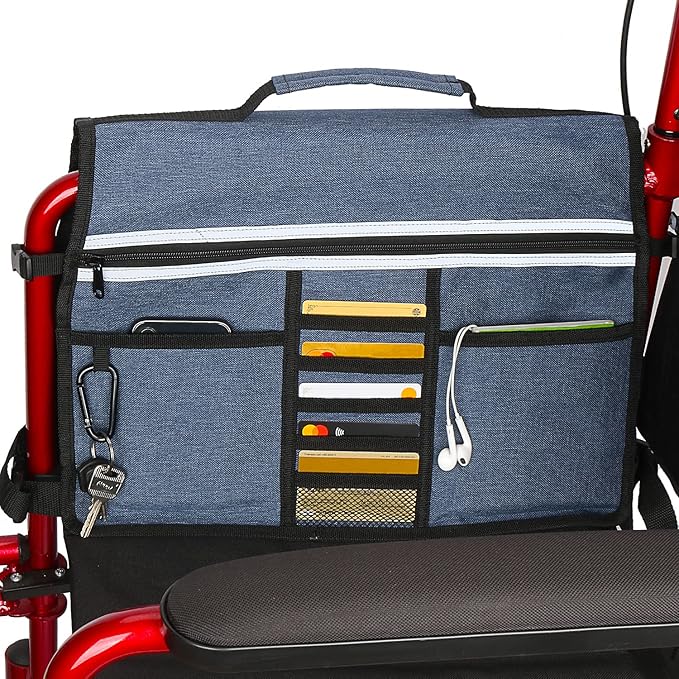 Wheelchair Storage Bag, Double-Sided Armrest Pouch with Cup Holder and Reflective Strip, for Wheelchairs and Walkers (Blue)