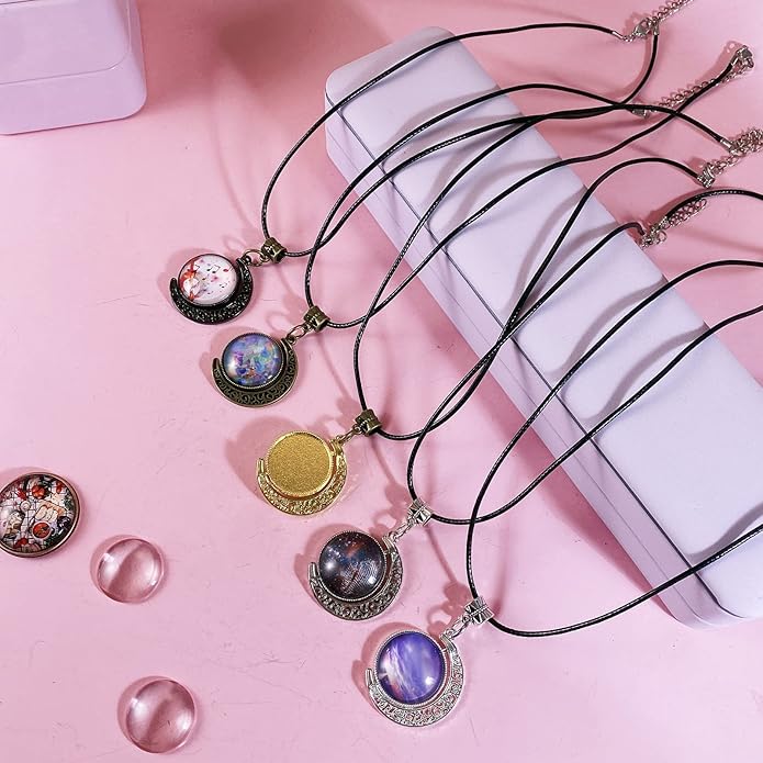 Bezel Pendant Trays Gold and Sliver, Rhinestone Bezel Pendants Trays for DIY Jewelry Craft Making, Picture Necklace Pendant Trays with Clear Glass Cabochons and Chains