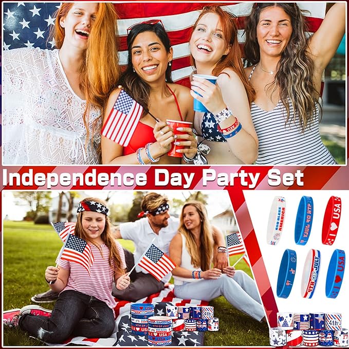 JUNEBRUSHS 4th of July Party Favors, 50 Pcs Patriotic Decorations Slap Bracelets Rubber Wristbands Assorted for Kids Gifts Silicone Bracelets Bulk Memorial Veterans Day Party Accessories