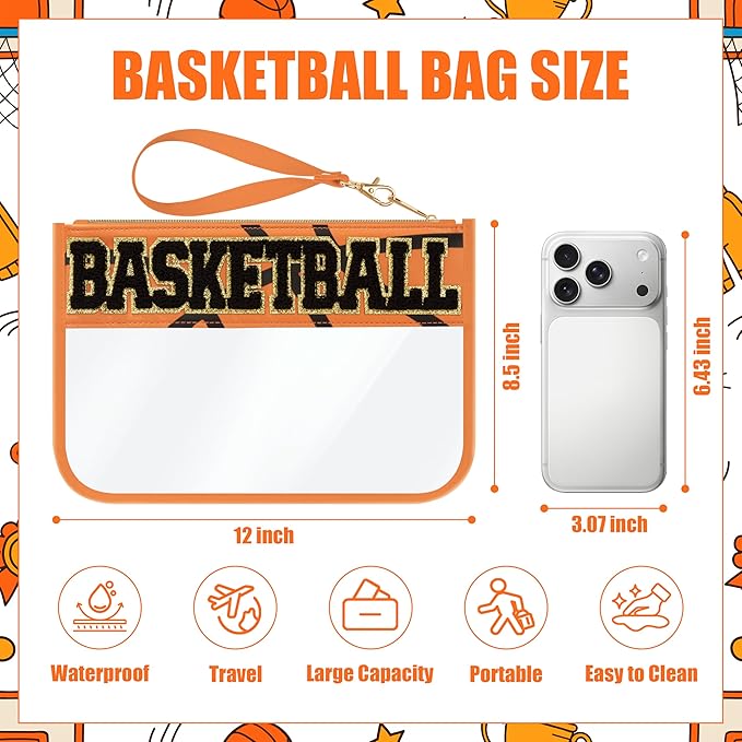 BuyCard Basketball Gifts Makeup Bag with Chenille Letter Patch, Clear Cosmetic Pouch PVC Organizer Purse, Waterproof Travel Bag, Portable Toiletry Storage Bag for Her Friends